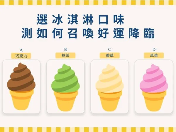 ▲吃冰是炎炎夏日中的小確幸，你最喜歡的冰淇淋口味是哪種？選擇你最喜歡的冰淇淋口味看應該如何召喚好運降臨。（圖／記者陳怡真製圖）