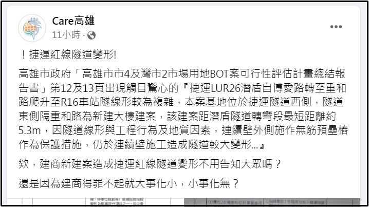 ▲▼捷運紅線隧道透過專業把關 安全無虞。（圖／翻攝自臉書／Care高雄）