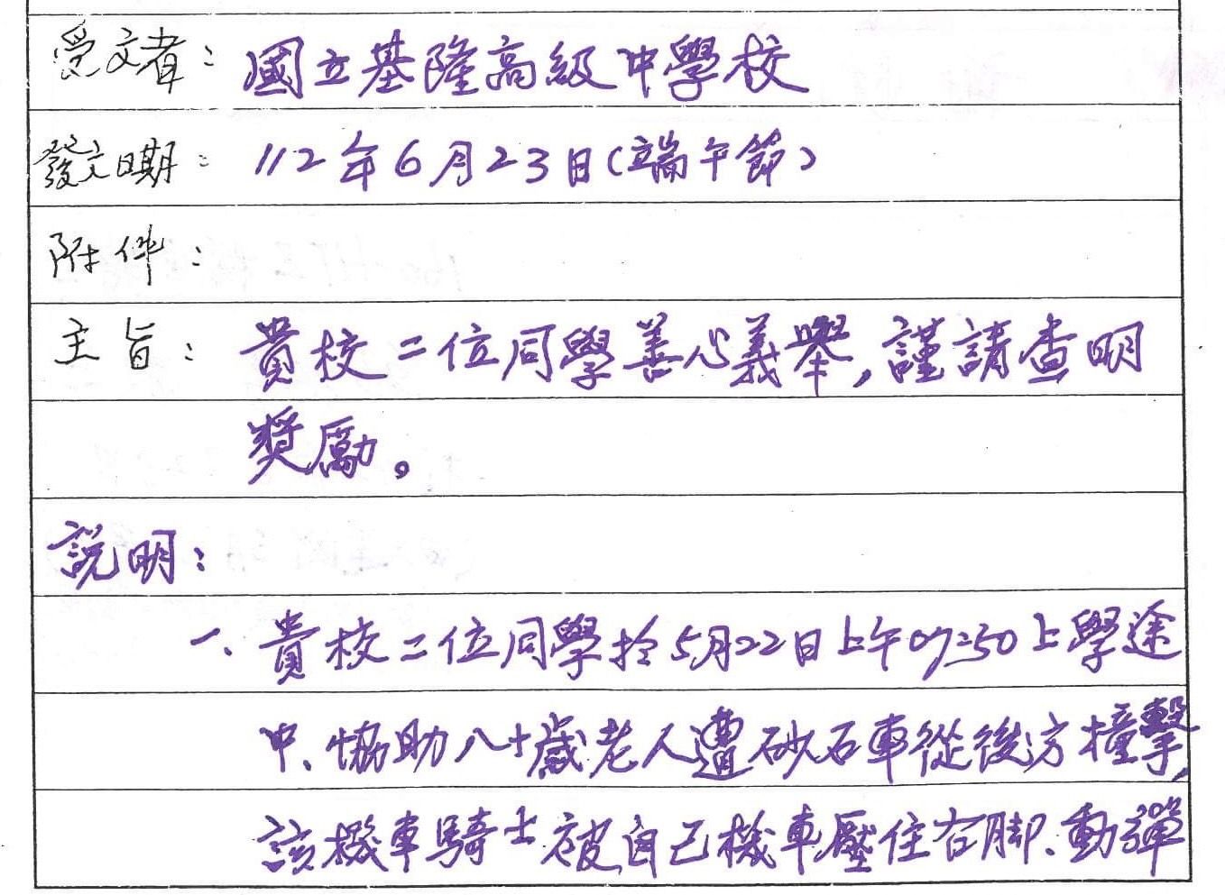 ▲▼             80歲老翁車禍遭機車壓住，2名基隆高中學生上前扶起機車協助脫困。（圖／翻攝自基隆高中臉書）