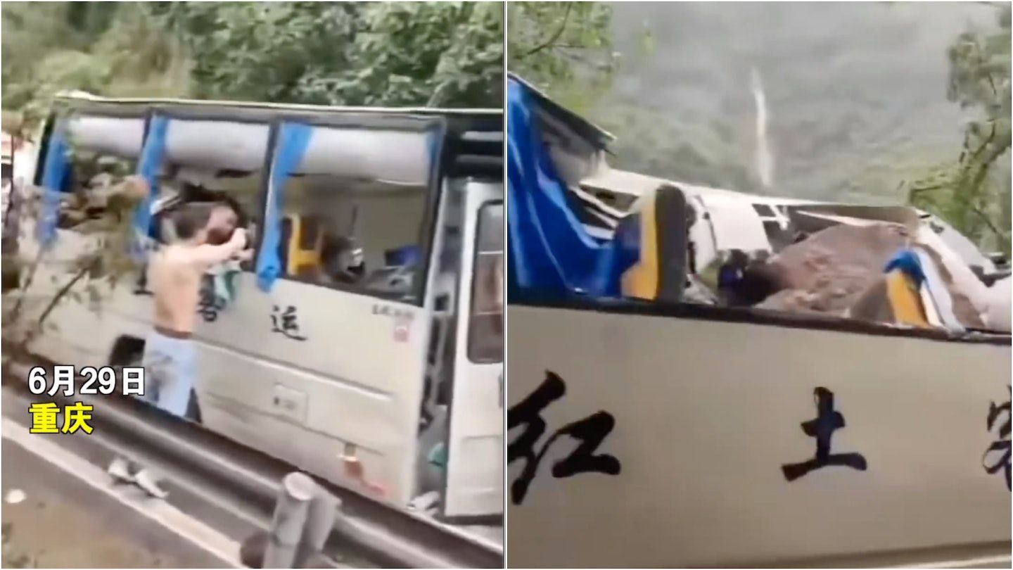 ▲▼重慶奉節縣持續降雨　中型客車遭落石擊中6死9傷。（圖／翻攝自影片）