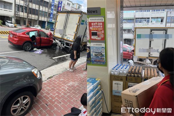 ▲▼紅色自小客車2日下午在公館交流道附近超商門口撞上物流車，安全氣囊全爆，車頭嚴重毀損，車上父、子、女3人輕傷。（圖／記者蔡文淵翻攝）