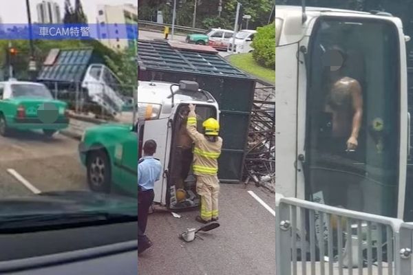 香港司機轉彎翻覆。（圖／翻攝自YouTube／車CAM特警）