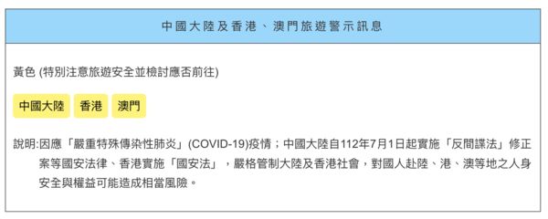 ▲▼赴陸港澳燈號維持「黃燈警示」　陸委會：有人身安全風險。（圖／陸委會）