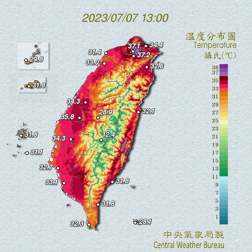 ▲▼今數百測站高溫破35度。（圖／台灣颱風論壇｜天氣特急）