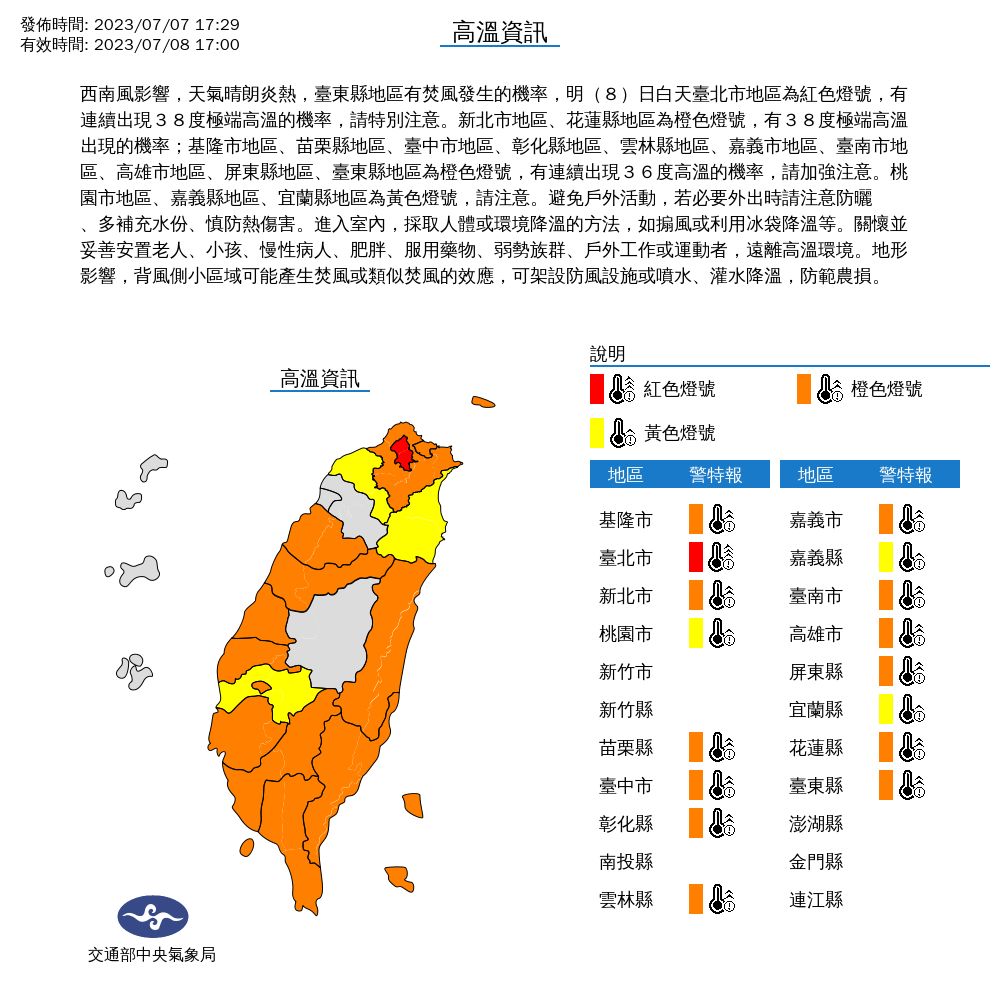 ▲▼高溫燈號。（圖／中央氣象局）