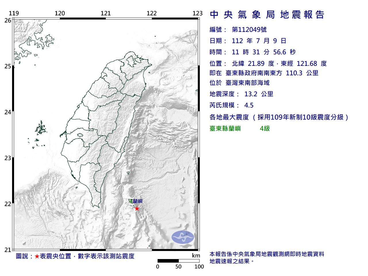 快訊／11:31台灣東南部海域規模4.5「極淺層地震」　最大震度4級