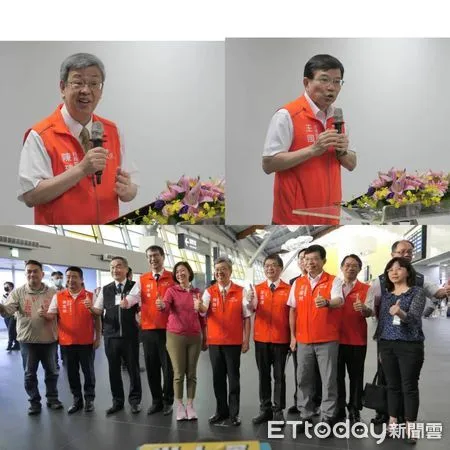 ▲左上圖行政院長陳建仁視察台中機場宣布將蓋第三航廈；右上圖交通部長希望一年內完全恢復疫前的航線；下圖為視察人員大合照。（圖／民航局提供）