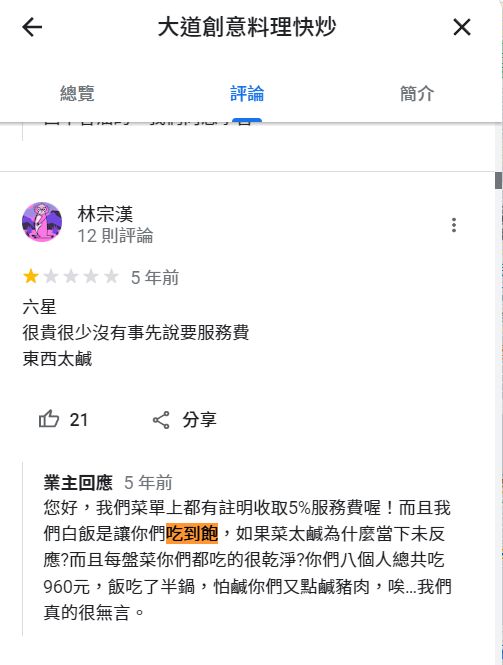 ▲店家五年前的回覆遭翻出，與此次爭議的說法不同。（圖／翻攝自Google Maps）