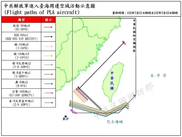 ▲國防部12日公布的擾台共機活動示意圖。（圖／國防部提供）