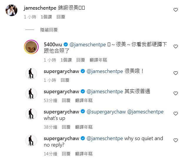 ▲曹格突然在吳速玲IG留言。（圖／翻攝自Instagram／supergarychaw、5400wu）