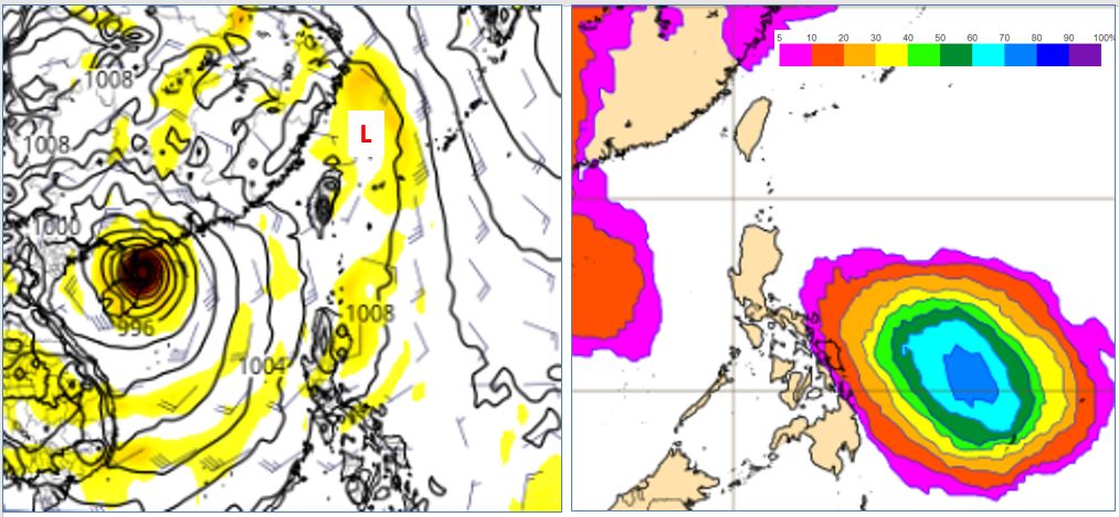 ▲▼左圖：最新(14日20時)歐洲模式17日20時模擬圖顯示，熱帶擾動在台灣東北方海面，發展很有限。(圖擷自tropical tidbits)右圖：最新歐洲系集模式，20日20時模擬圖顯示，另有熱帶擾動在菲律賓東方海面發展(熱帶氣壓機率80%、成颱機率60%)，朝西北西前進。（圖／三立準氣象.老大洩天機）