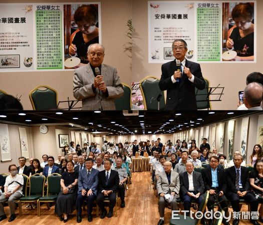 ▲左上圖長榮集團前副總裁林省三、右上圖中國海專前校長在畫展上致詞；下圖與會貴賓大合照。（圖／吳榮貴提供）