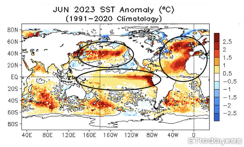 ▲▼2023年六月全球海洋表面平均溫度（圈起處為高溫分佈最明顯的區域）（圖／台灣科技媒體中心提供）