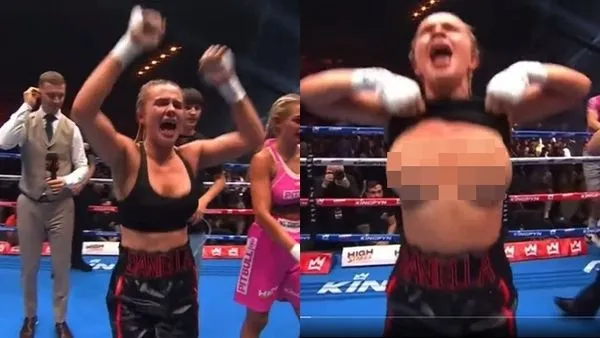 ▲▼英國22歲正妹網紅拳擊手漢姆斯利奪勝後，激動脫衣露出雪乳慶祝。（圖／翻攝自Twitter）