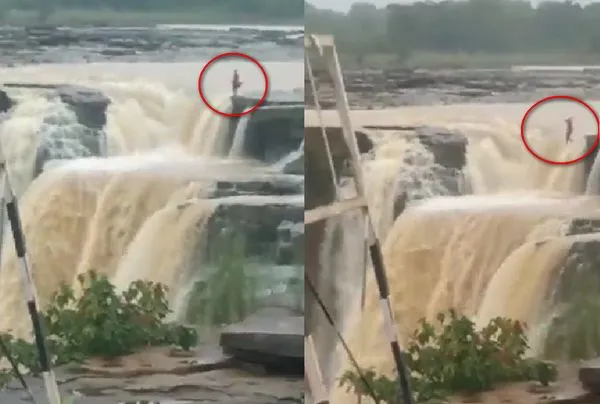 玩手機被爸媽罵！21歲女衝動站瀑布上　當眾「從27公尺高處跳下」。（圖／翻攝自Twitter）