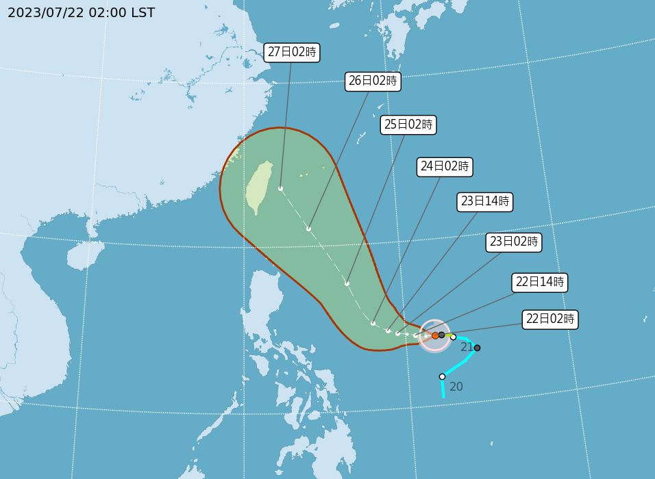 ▲▼杜蘇芮颱風今(7/22)最新路徑。（圖／氣象局）