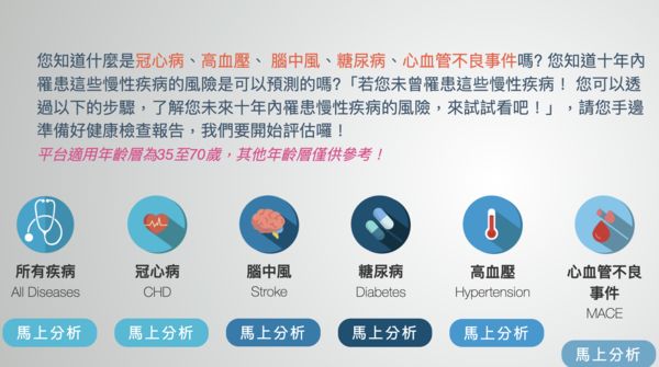 ▲▼有健檢數據可以在國健署慢性疾病風險評估平台計算未來10年罹患冠心病、高血壓、 腦中風、糖尿病、心血管不良事件的風險。（圖／翻攝自國健署慢性疾病風險評估平台）