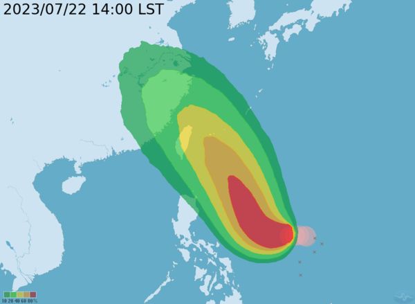 ▲▼杜蘇芮颱風7/22下午最新預測，侵襲機率持續上升。（圖／氣象局）
