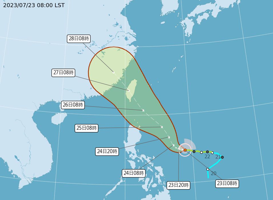 ▲▼杜蘇芮颱風7/23上午最新路徑預報。（圖／氣象局）