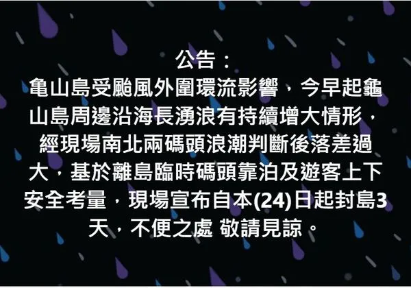 ▲龜山島受中颱杜蘇芮風浪影響，今起封島3天。（圖／擷取自《臉書東北角之友》）