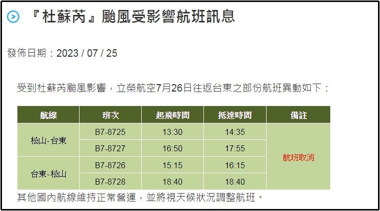 ▲▼立榮、華信26日取消12航班。（圖／立榮航空）
