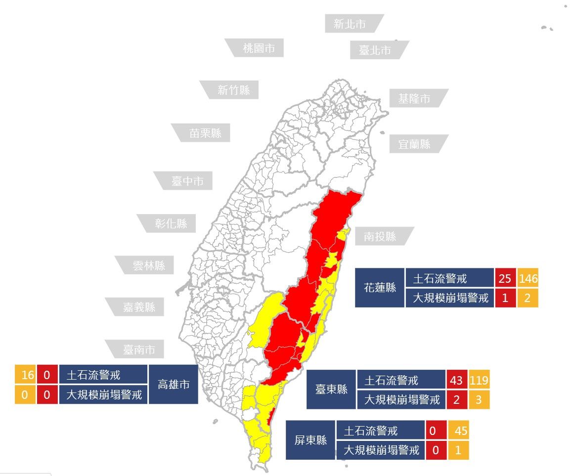 ▲農委會針對花蓮、台東、屏東、高雄發布土石流警戒。（圖／農委會水保局提供）