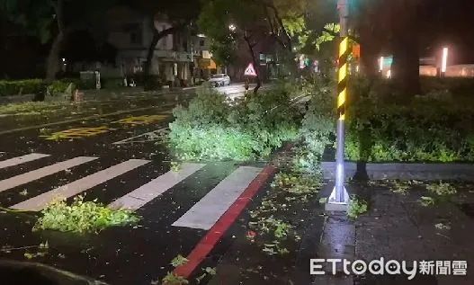 ▲台南市中西區28日凌晨起，因颱風風勢轉強並下雨，各處陸續有樹倒、招牌脫落等情形，市警二分局員警漏夜做安全封閉及警戒處置，並通知排除障礙。（圖／記者林悅翻攝，下同）