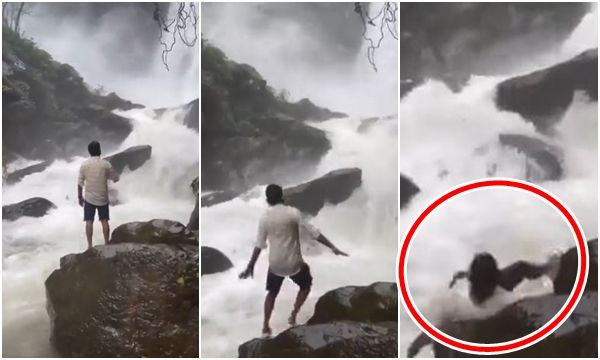 ▲▼印度23歲男子拍照滑倒，消失在瀑布湍急水流中。（圖／翻攝自推特／@WazBLR）