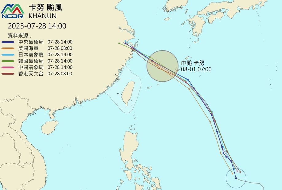 ▲▼卡努颱風路徑預測，各國看法趨於一致。（圖／翻攝NCDR）
