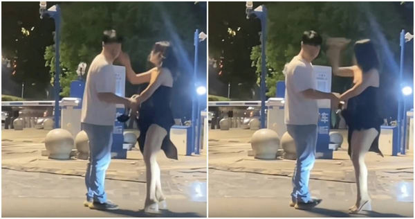 正妹當街賞男友19個巴掌。（圖／翻攝微博）