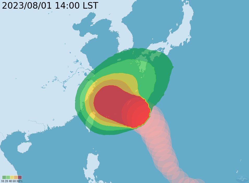 ▲▼卡努颱風下午2時最新預測，暴風圈侵襲機率再上升。（圖／氣象局） 