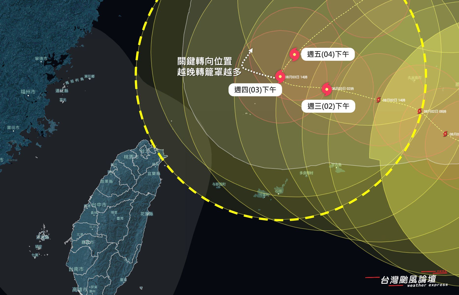 ▲颱風論壇認為，卡努暴風圈會接觸台灣陸地。（圖／翻攝自Facebook／台灣颱風論壇｜天氣特急）