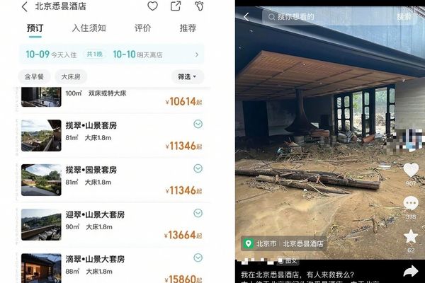 ▲▼北京最貴酒店遭暴雨沖垮。（圖／翻攝自微博／澎湃新聞、悉曇酒店）