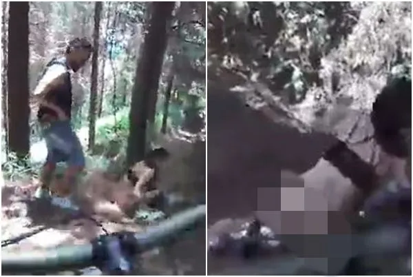 ▲▼哥倫比亞男女野外啪啪，意外被自行車騎士錄影。（圖／翻攝自推特）
