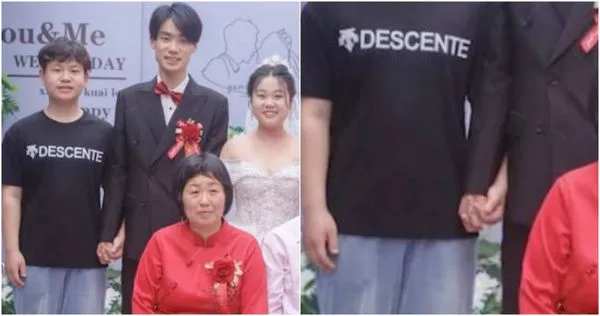 新娘翻看結婚照回味，竟發現老公與弟弟十指緊扣。（圖／翻攝自微博）