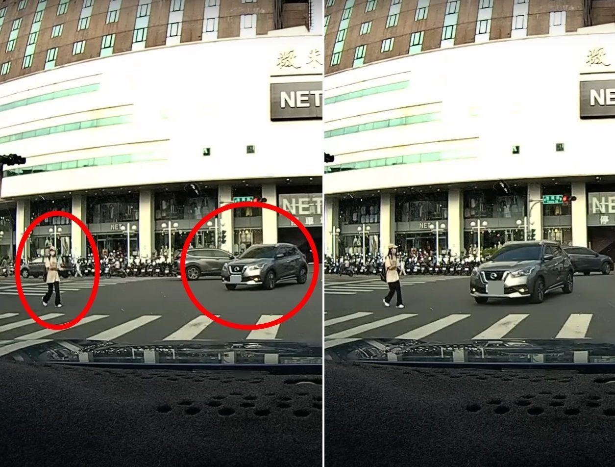 ▲有民眾行車紀錄器拍下，一輛左轉車未禮讓行人，險些撞上正在通過馬路的少女。（圖／翻攝自YouTube／WoWtchout - 地圖型行車影像分享平台）