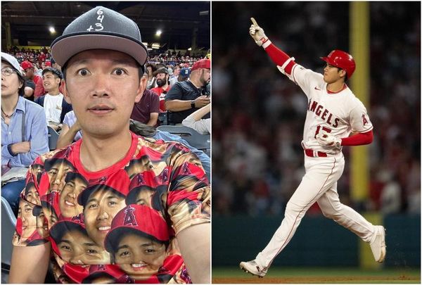 台南Josh穿大谷翔平「笑死T」到場看球賽，結果「大谷」先發才投4局抽筋退場，後來「翔平」上場打擊時似乎未受到影響，竟敲出本季第40轟。（翻攝自台南Josh／Los Angeles Angels臉書）