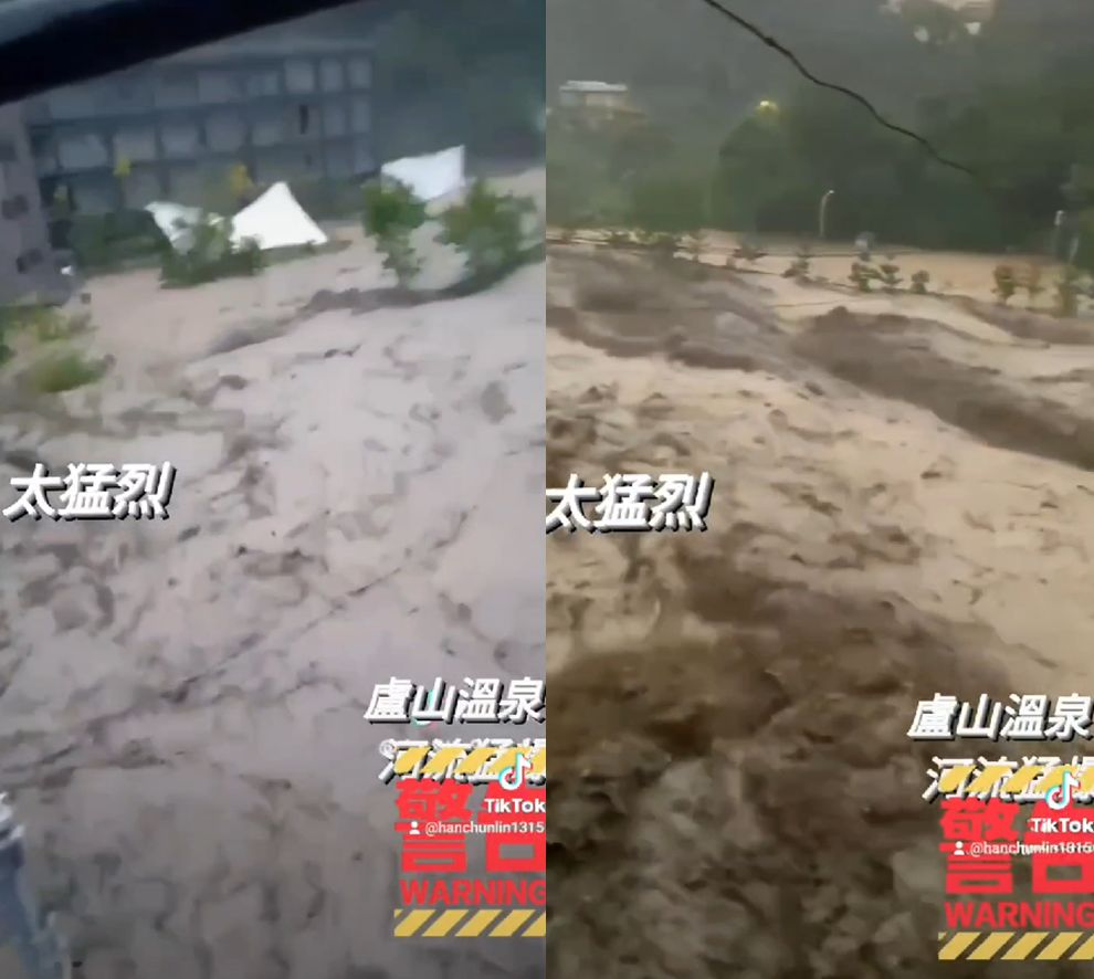 ▲高空畫面直擊！橋毀路基遭掏空，南投廬山溫泉吊橋下滾滾泥沙狂瀉。（圖／仁愛原鄉茶道協會總幹事黃家樑提供）