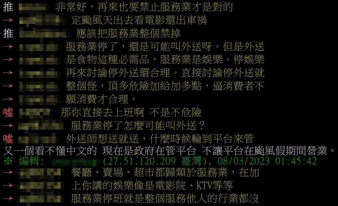 ▲颱風假禁外送不公平？鄉民看法兩極：「這行業」先停才治本。（圖／翻攝自批踢踢）