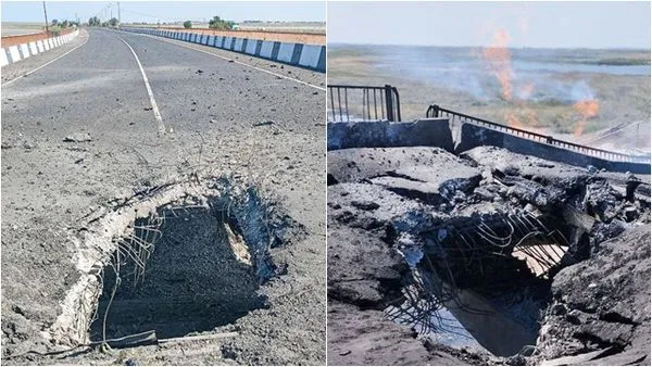 ▲▼連接烏克蘭赫爾松地區和克里米亞半島的「瓊加爾橋」（Chonhar Bridge）被轟炸。（圖／翻攝推特）