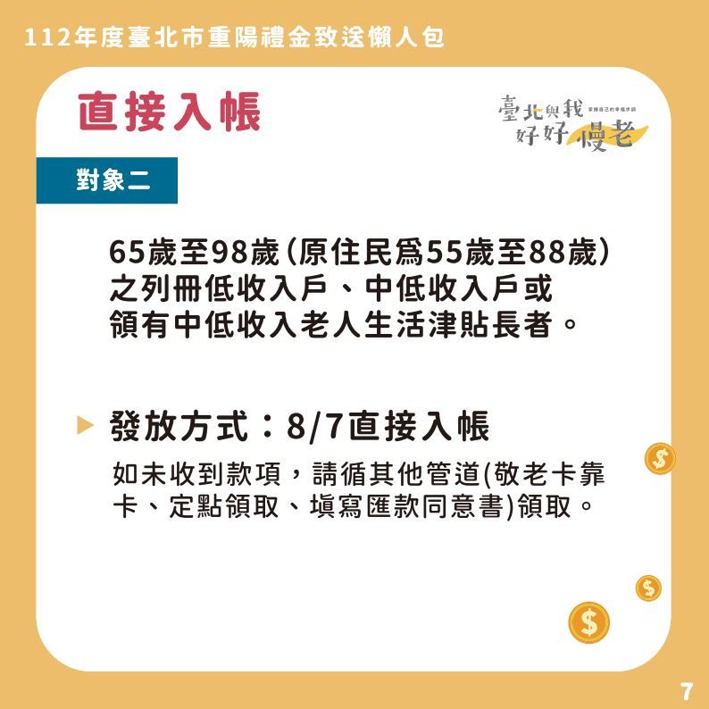 台北市發重陽禮金。（圖／台北市社會局）