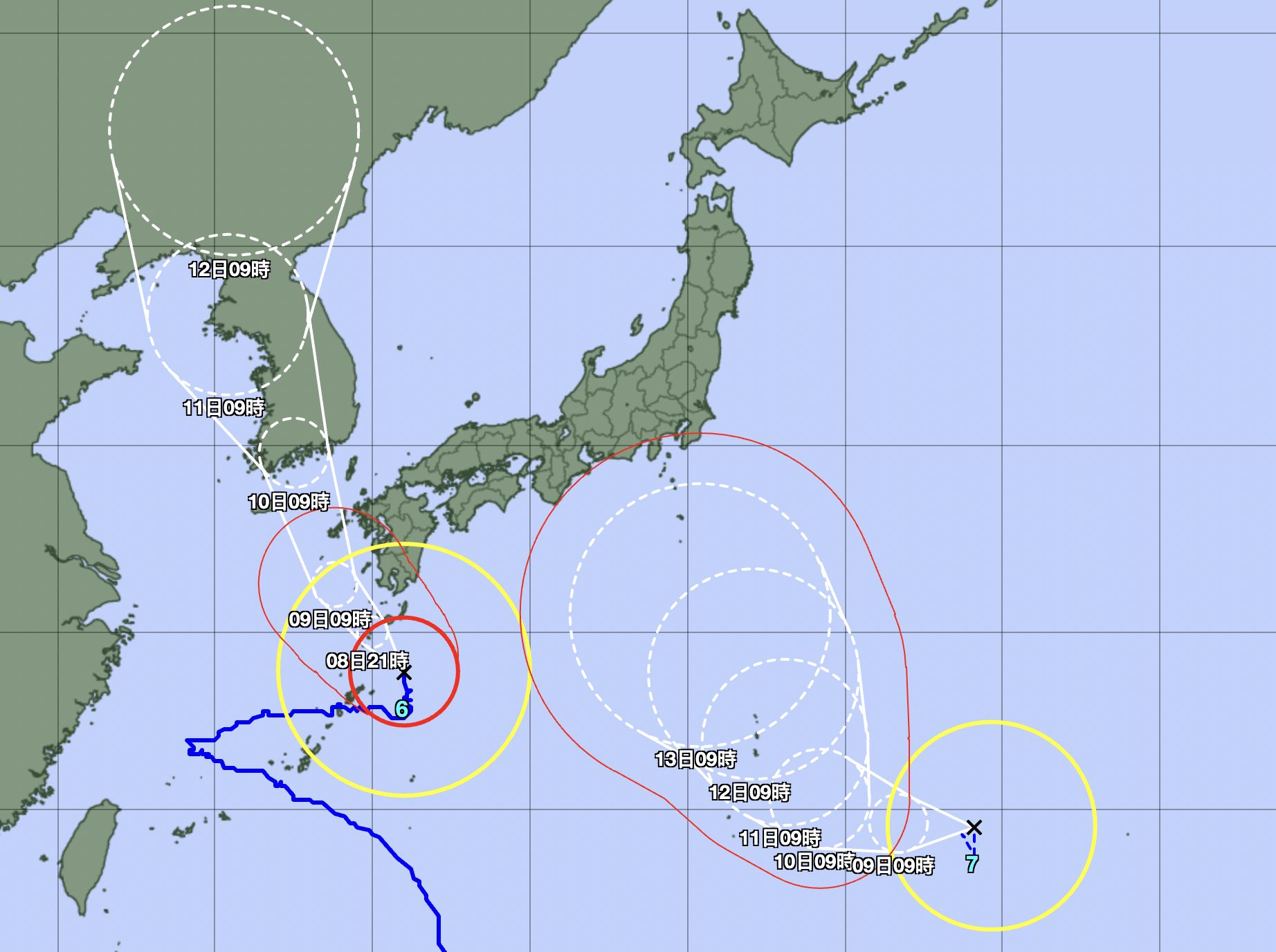 ▲颱風蘭恩（右）生成，圖左為卡努颱風。（圖／翻攝自日本氣象廳）