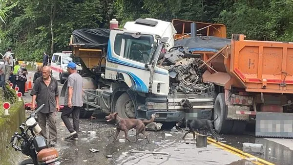 ▲南投縣水里鄉2砂石車對撞。（圖／記者高堂堯翻攝）