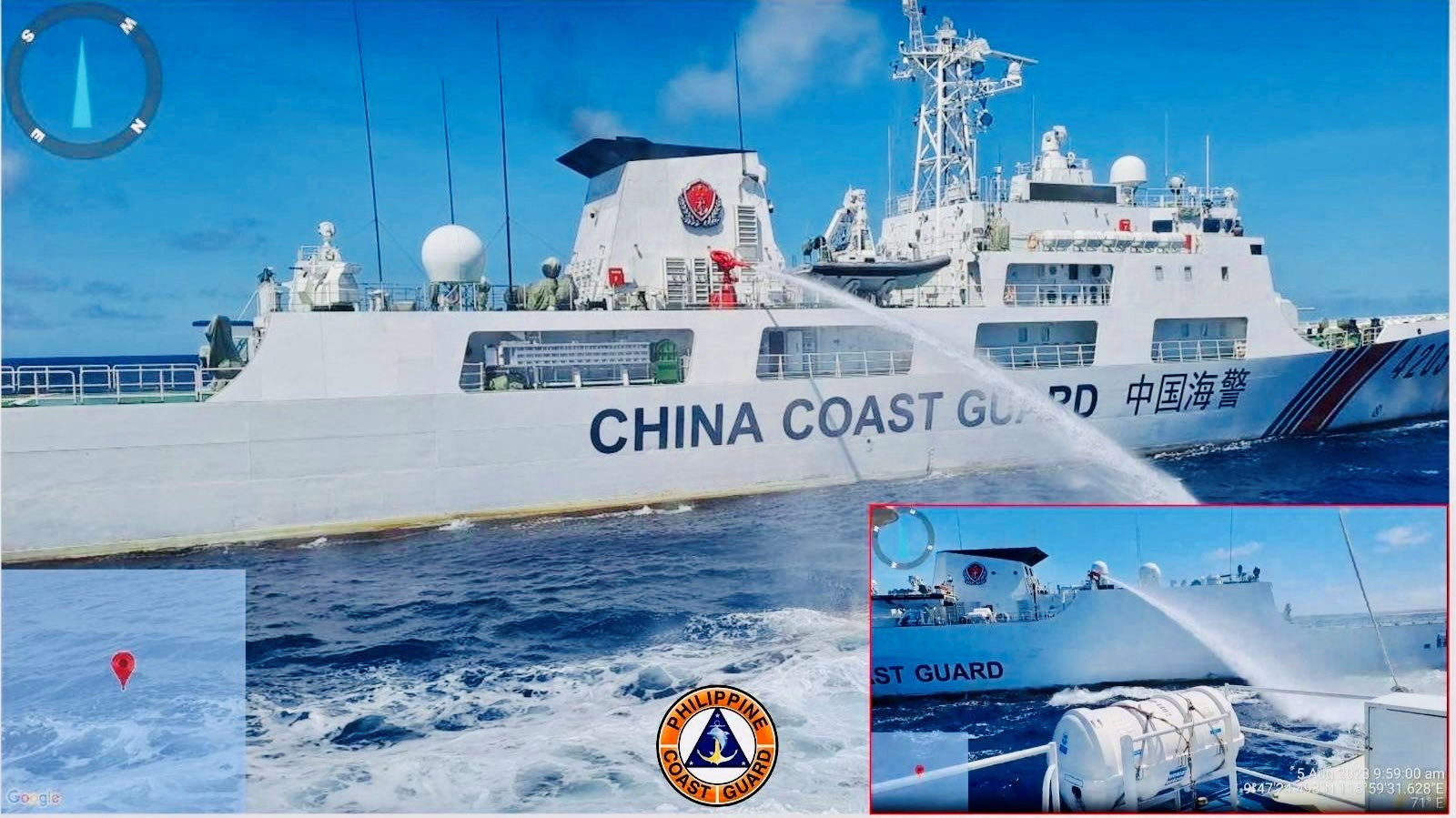 ▲▼菲律賓提供照片指控中國海警針對在南海執行補給任務的菲律賓船隻使用水砲。（圖／路透）