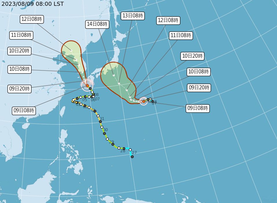 ▲▼颱風卡努（左）、蘭恩（右）最新路徑預測。（圖／氣象局）