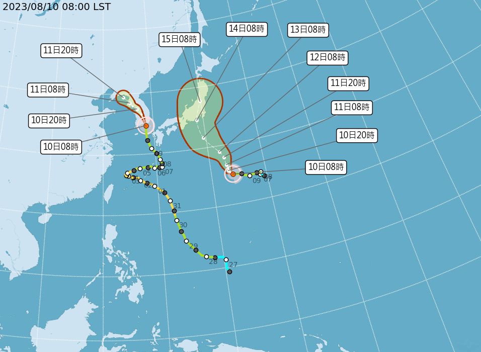 ▲蘭恩颱風今上午升級中颱，朝日本前進。（圖／氣象局）