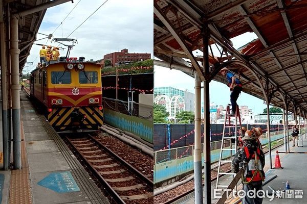 ▲▼             台鐵台南地下化施工處的吊車吊臂斷裂砸中穿破月台雨棚。（圖／記者林東良翻攝）