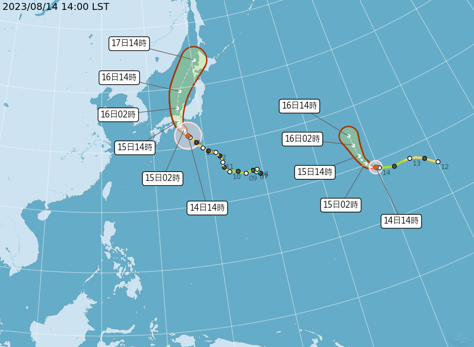 ▲▼颱風蘭恩（左）今明天影響日本、颱風朵拉（右）逐漸消散。（圖／氣象局）