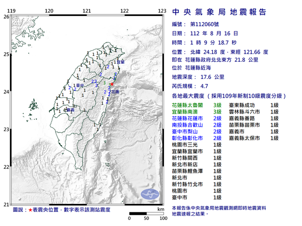 ▲▼快訊／花蓮近海01：09發生規模4.7地震「北部有感」最大震度3級。（圖／氣象局）