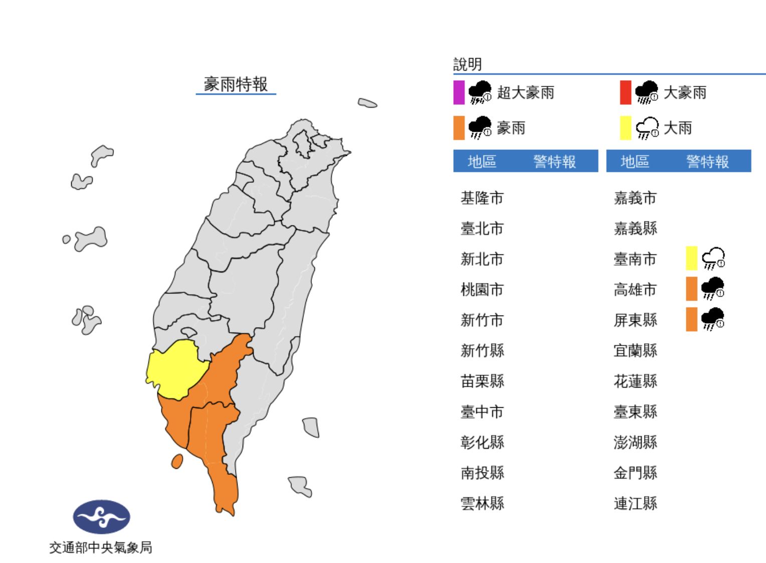 ▲南高屏豪大雨特報。（圖／氣象局）